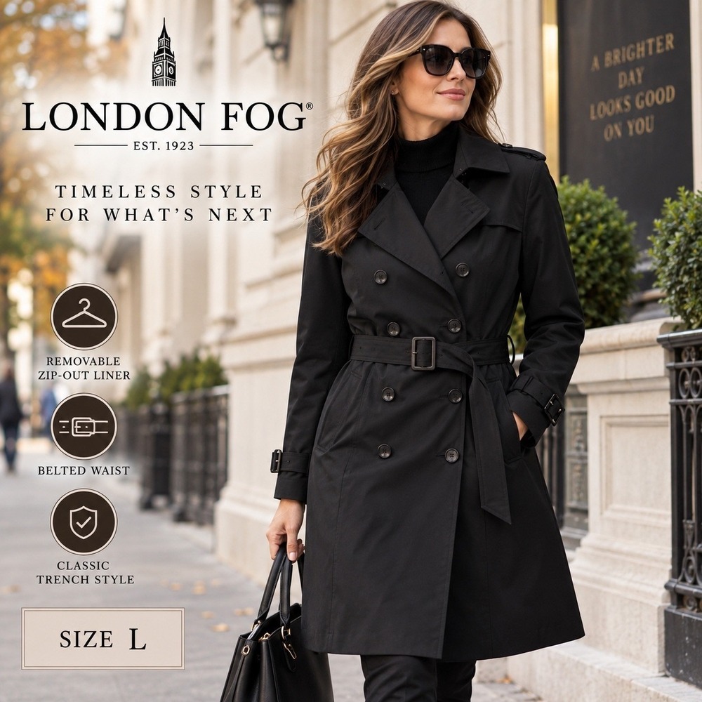 London Fog Trench Coat Women L Black Jacket Belted Zip Out Liner Double Breasted